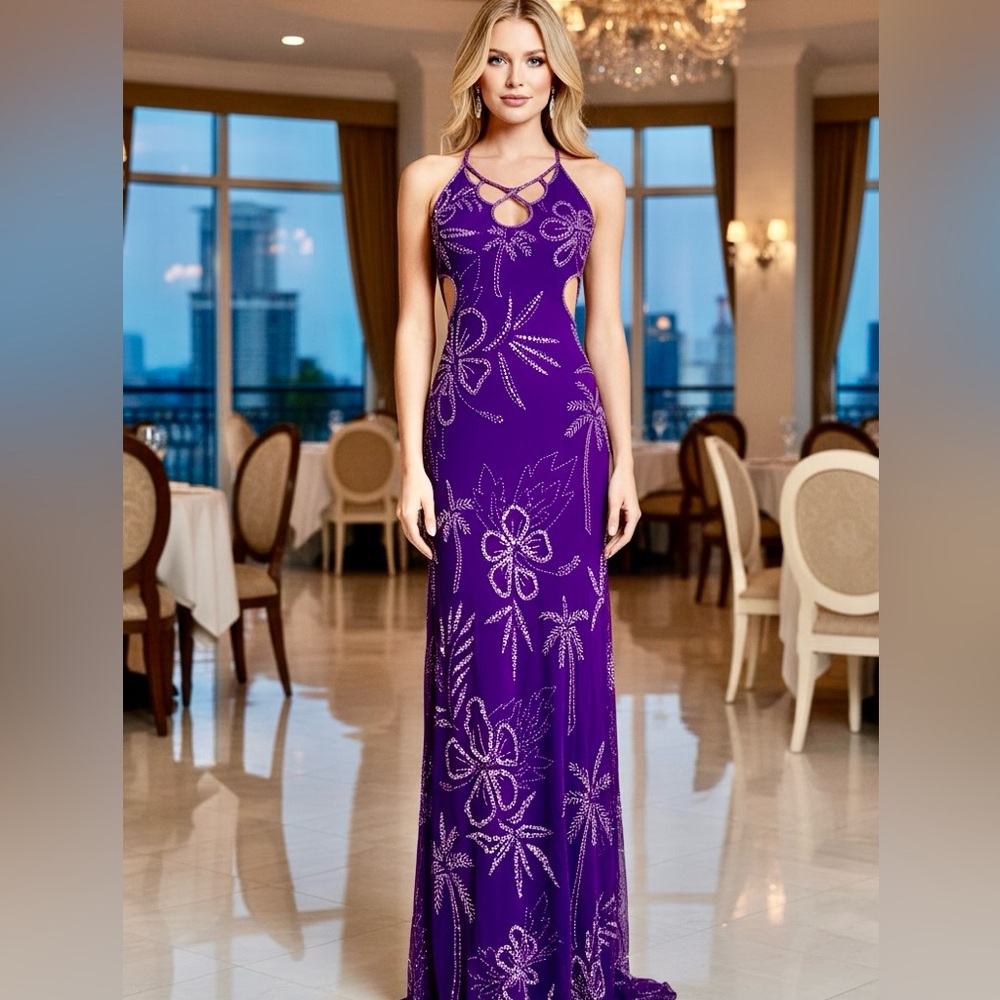 Attitudes by Debra chic Royal Purple hand beaded long Dress‎
